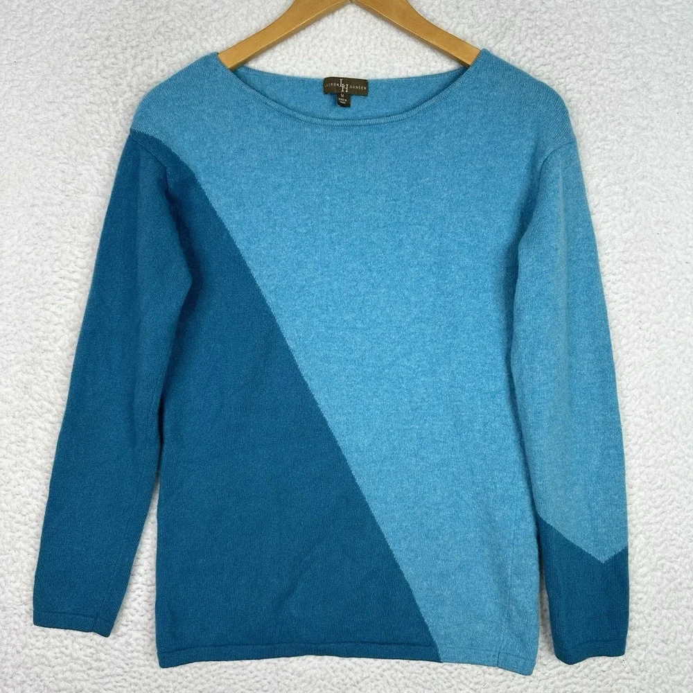 Lauren Hansen 100%‎ Cashmere Colorblock Sweater Women's Blue Pullover Luxury